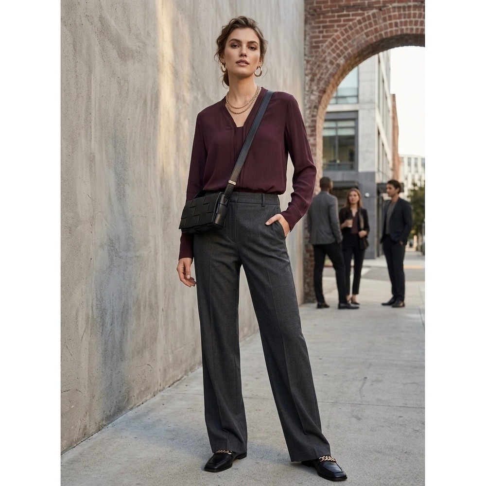 Vince Womens Burgundy 100% Silk V-Neck Pleated High-Low Blouse Size M